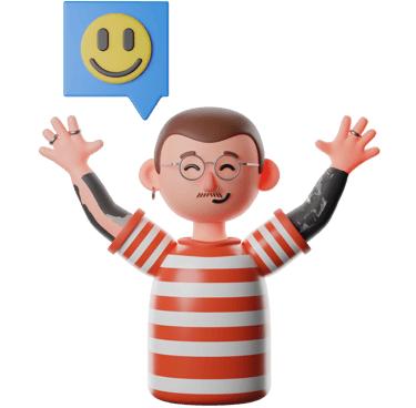 Me as a cartoon character who is happy and stretches both arms upwards. Above my head is a smiley