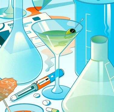 a drawing of a cocktail next to a GLP-1 drug