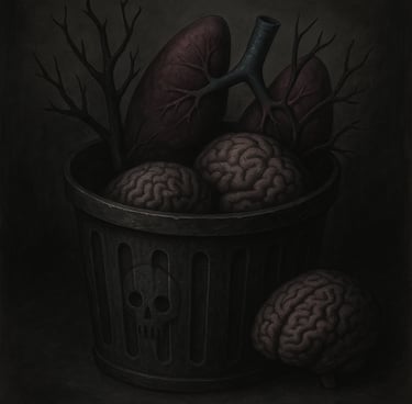 a bin with organs and trees