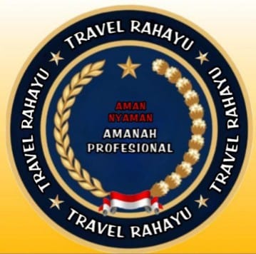 Travel Rahayu logo badge with professional travel service text and Indonesian flag elements.