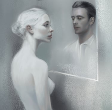a man and woman in a white dress
