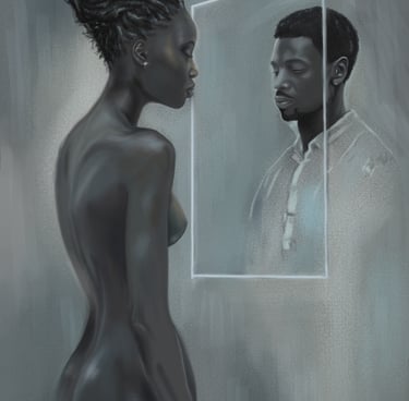 a woman standing in front of a mirror