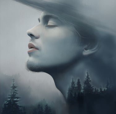 a man with a hat on a foggy day