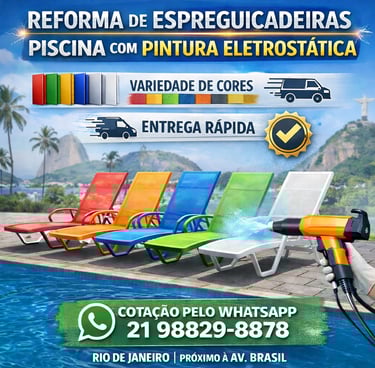 Reforma de espreguiçadeiras de piscina com pintura eletrostática várias cores no Rio de Janeiro.