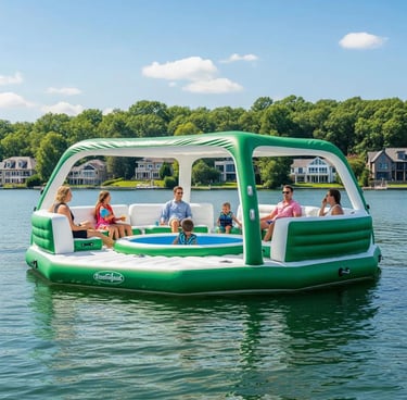 قارب مطاطي عائم باللون الأخضر مزود بمقاعد مريحة ومسبح صغير في الوسط، تستمتع به عائلات وأطفال فوق الب