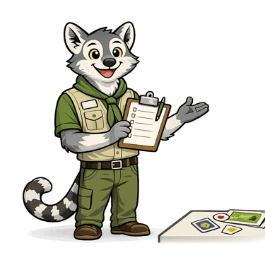 A cartoon lemur scout leader welcomes families and holds a sign-in clipboard.