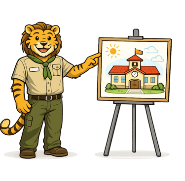 A cartoon tiger scout leader gestures toward a school building during an event.