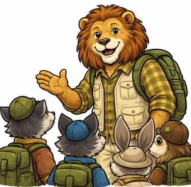 A cartoon lion scout leader gathers a group and speaks in a friendly, calm way.