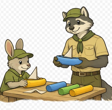 A scout building his boat with the help of a leader