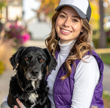 a poof pet waste removal technician wearing the uniform- purple vest and hat, with a dog