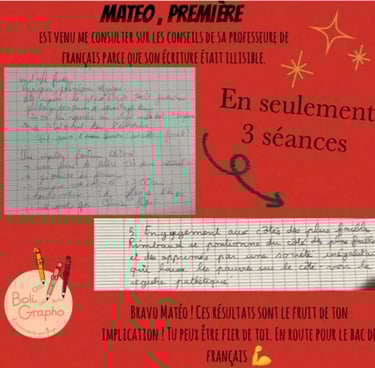 élève de première : après 3 séances une écriture lisible, fluide, sans douleurs et le plaisir 