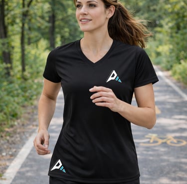 a woman running on a path in a wooded area ascentierra performance t-shirt