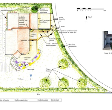Plan paysager d'un jardin de particulier avec talus et verger