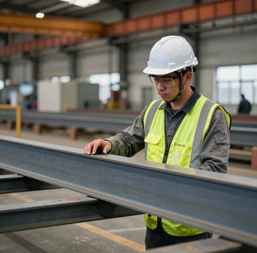 Industrial worker in a hard hat and safety vest inspecting steel beams in a metal fabrication factory.