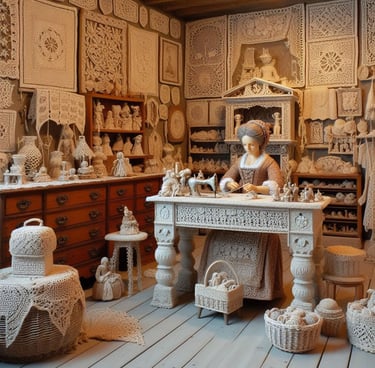 a woman in a room with many different types of pottery