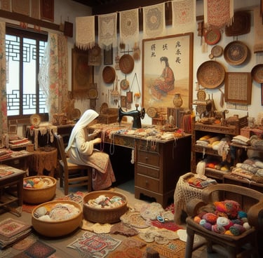 a woman in a white robe is sitting in a room with baskets and baskets