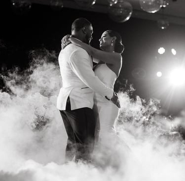 Bride and groom posing for romantic wedding portrait