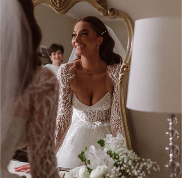 Bride getting ready with veil and pearl earrings