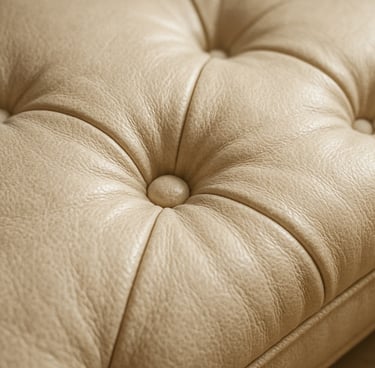 Close-up of button tufted bench cushion showing soft fabric texture and natural shadows for a luxurious look.