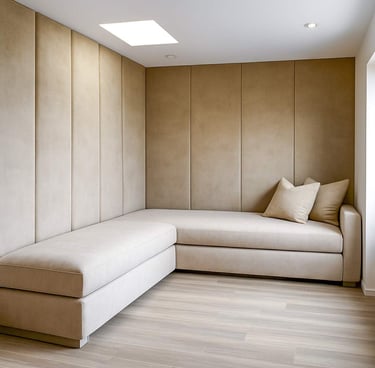 Custom bench seat sofa with a single long cushion by Solo Home Decor upholstered wall panels