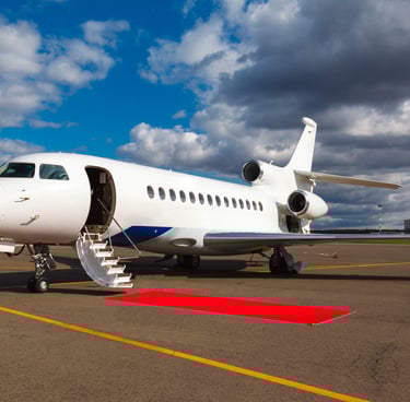 Private jet on a runway representing ethical fractional ownership and co-ownership aviation services