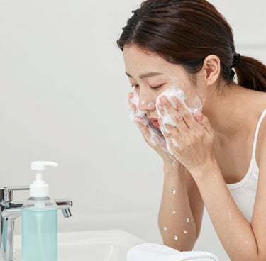 A collection of cosmetic and skincare products laid out on a white surface. These include facial masks, creams, and serums from various brands. The items are casually arranged, with some still in their packaging. The scene includes both rectangular and cylindrical packages with colorful labels.