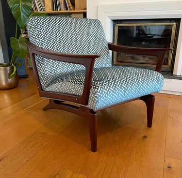 Renovation Fauteuil scandinave velours géométrique turquoise Romo