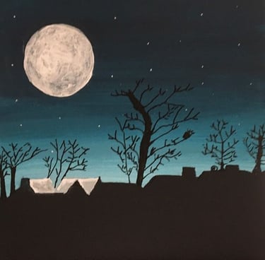Peinture nocturne inspirante, avec une lune brillante au-dessus d'un horizon calme