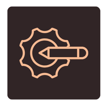 Line art illustration depicting a gear and pencil for custom fabrication and welding services.