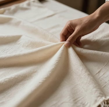 A close-up editorial fashion photograph highlighting historical textile textures. Soft organic cotton and raw silk in shades of soft cream and warm alabaster being gently handled by an artisan. Elegant, minimal composition with shallow depth of field, celebrating Brazilian craftsmanship and heritage. Editorial magazine aesthetic.