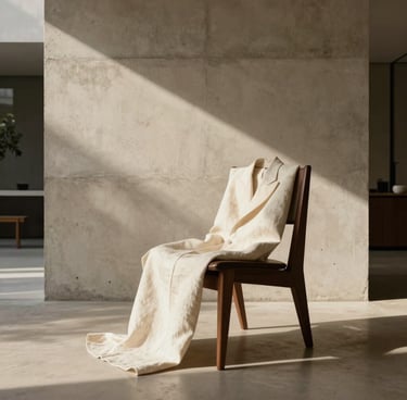 A minimalist, haute couture editorial photograph set in an elegant Brazilian mid-century modern home. A stunning architectural concrete wall serves as the backdrop with soft sunlight casting long shadows. A single piece of structured ivory linen apparel draped over a dark mocha wood chair. High-end editorial style, warm alabaster and muted sand color palette, high contrast, soft natural light.