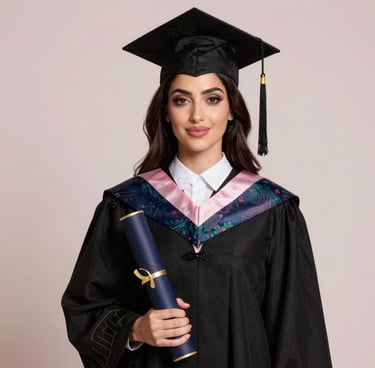 A high-end studio portrait of a female graduate in a black gown with elegant embroidery, holding a diploma, warm cinematic lighting, soft pale pinkish-white background, Middle Eastern / Gulf context.