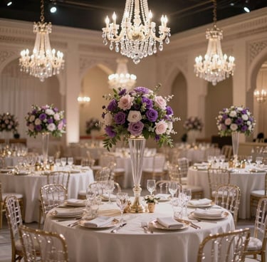 A wide artistic shot of a luxurious wedding reception setup, featuring elegant table settings, crystal chandeliers, and soft muted purple floral arrangements, Middle Eastern / Gulf architecture.
