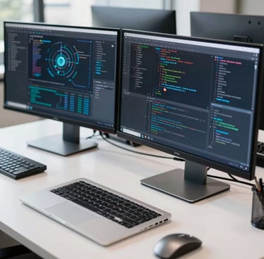 A close-up photograph of a modern tech workspace in Mexico City, featuring high-end computer screens displaying intricate cybersecurity diagrams and code. The desk is a clean, pristine white with a sleek metallic laptop, bathed in sharp, bright natural light.