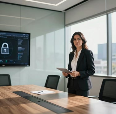 A professional portrait of a Mexican / Latin American female computer systems engineer presenting her digital security research in an elegant, sunlit boardroom in Mexico City. Modern minimalist architecture, clean glass walls, and a professional, authoritative mood.