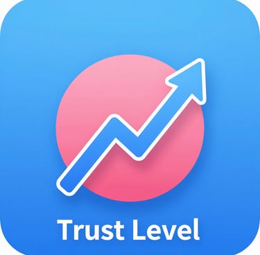 A blue trust level icon showing a rising arrow over a pink circle for growth analytics.