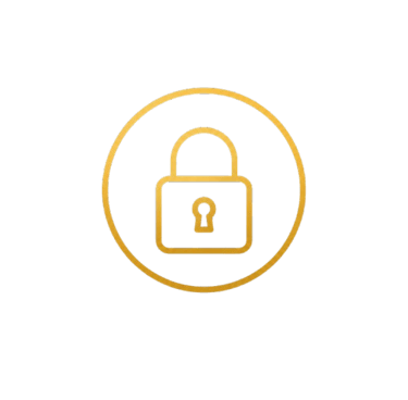 Gold outline of a padlock inside a circle on a black background representing security and privacy.