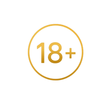 Gold 18 plus age restriction symbol inside a circle on a black background for adult content.