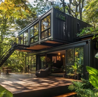 Black container house with two levels and terrace in the Forest