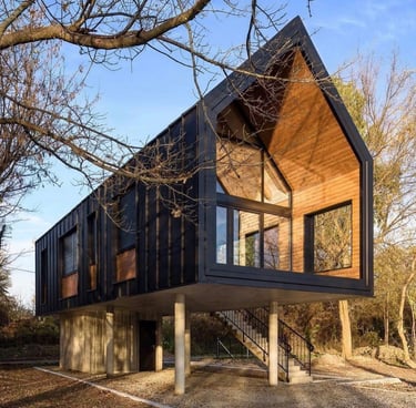 Blakc container house on pillars