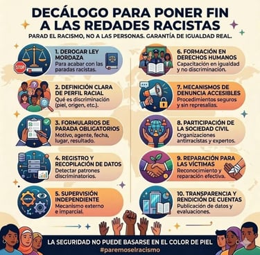 Infographic in Spanish showing ten steps to end racist police raids and racial profiling.