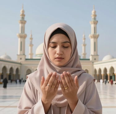 A Muslim woman in a black hijab prays in front of the Holy Kaaba in Mecca during Hajj pilgrimage.