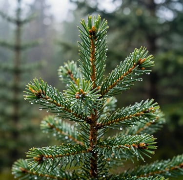 A close-up photograph of vibrant pine needles covered in morning dew, with a soft-focus background of a North American evergreen forest, bright natural morning light, emphasizing a clean and modern aesthetic.