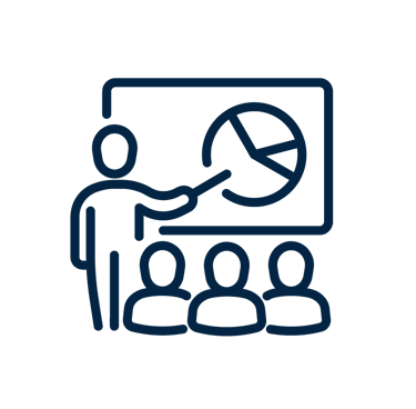 A business presentation icon showing a speaker pointing at a pie chart on a screen for an audience.