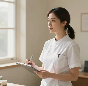 A professional female nurse practitioner in a warm cream-toned consultation room, soft natural window light, holding a pen, shallow depth of field, warm clinical minimalism.