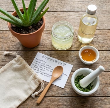 DIY aloe vera skincare kit with fresh aloe plant, gel, oil, and herbs on a rustic wooden table.