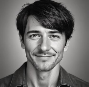 Portrait of a confident musician smiling warmly in a cozy studio setting.