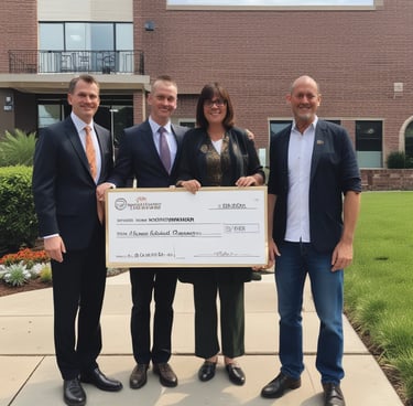A smiling delivery person handing a package to a happy customer at their doorstep.