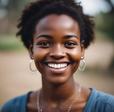 A smiling woman holding a birugood package with a green forest background.
