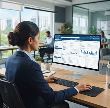 Over-the-shoulder shot of a consultant analyzing a complex government tender portal on a clean monitor, bright modern office in Hyderabad, professional blue accents, sharp focus, 35mm